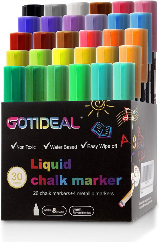 GOTIDEAL Liquid Chalk,30 Assorted Colors Premium Window Blackboard Neon Pen,Including 4 Metallic Color,Suitable for Children and Adults to Draw and Paint,Taverns and Restaurants,Wet Wipe - Double-Sided Nib